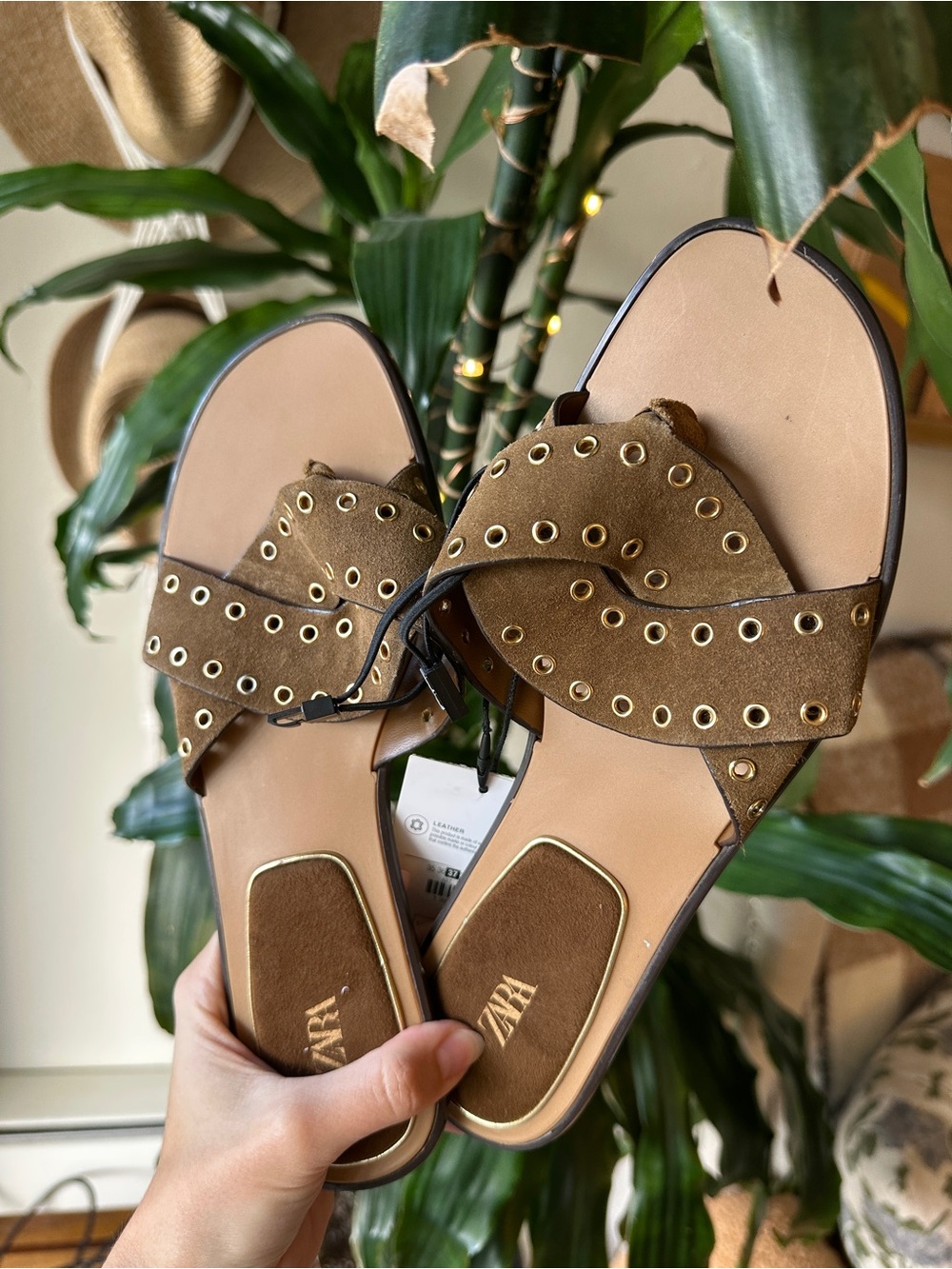 ZARA - Brown 100% Suede Slide Sandals - size 6.5